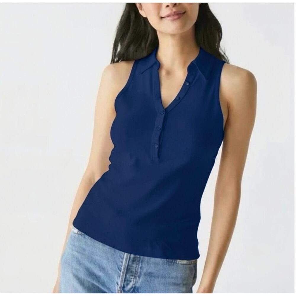 Michael Stars Norah Sleeveless Polo Top Blue Cotton Made USA S NWT